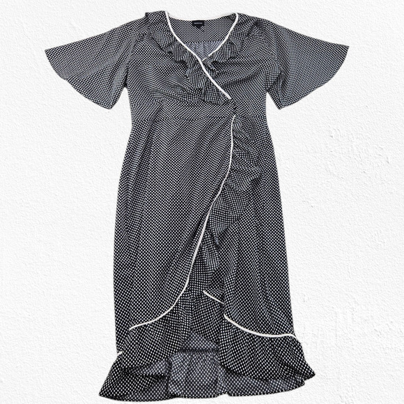 Who What Wear Black White Polka Dot Ruffle Wrap Midi Dress Size Large Officecore - Picture 1 of 10